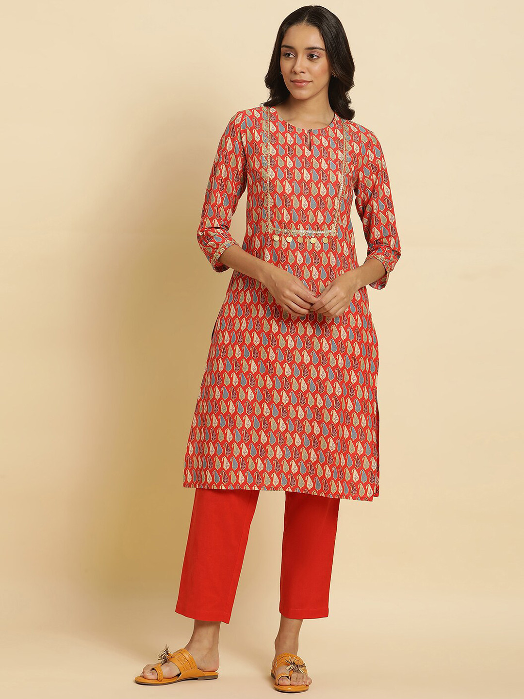 

W Ethnic Motifs Printed Sequinned A-Line Kurta, Orange