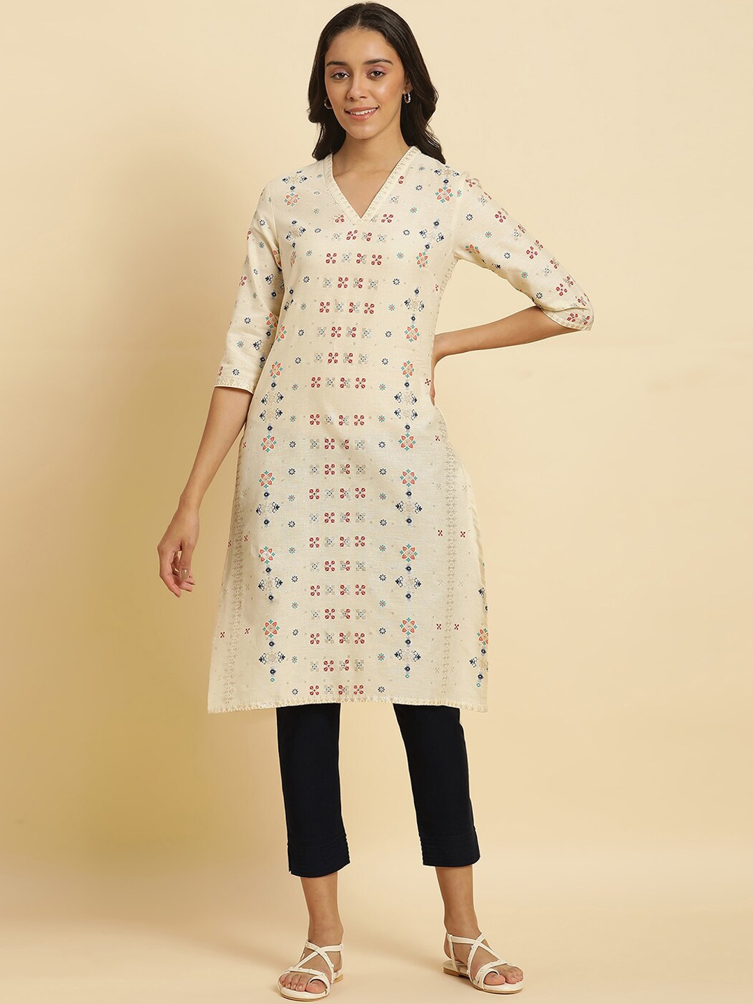 

W Ethnic Motifs Printed V-Neck A-Line Kurta, Off white