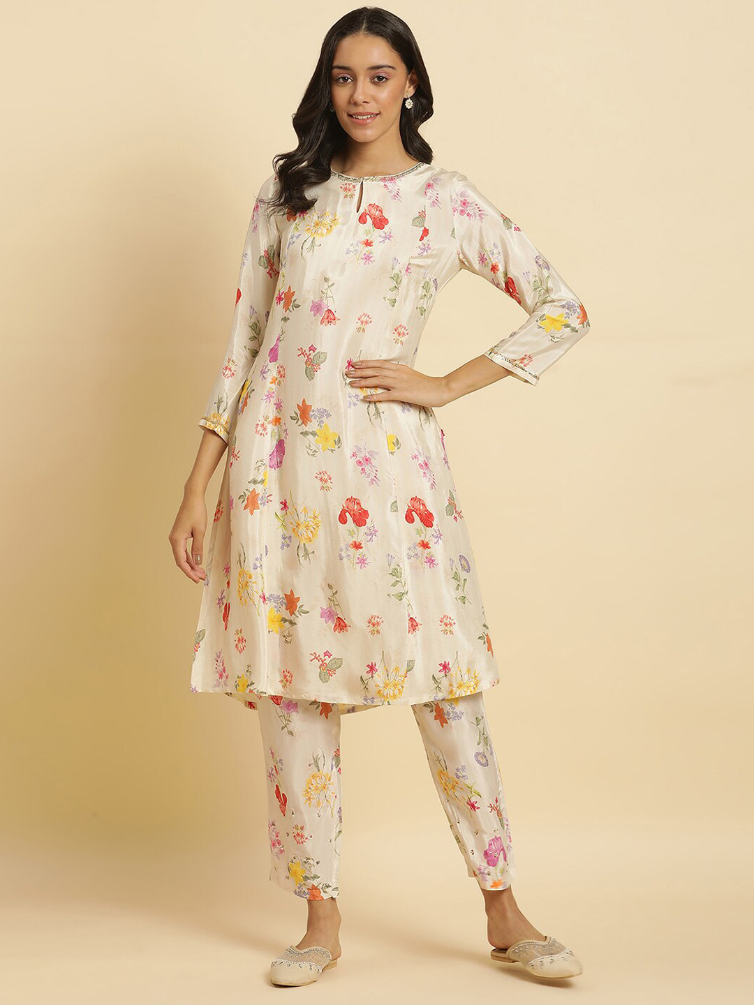 

W Floral Printed Keyhole Neck A-Line Kurta, Cream