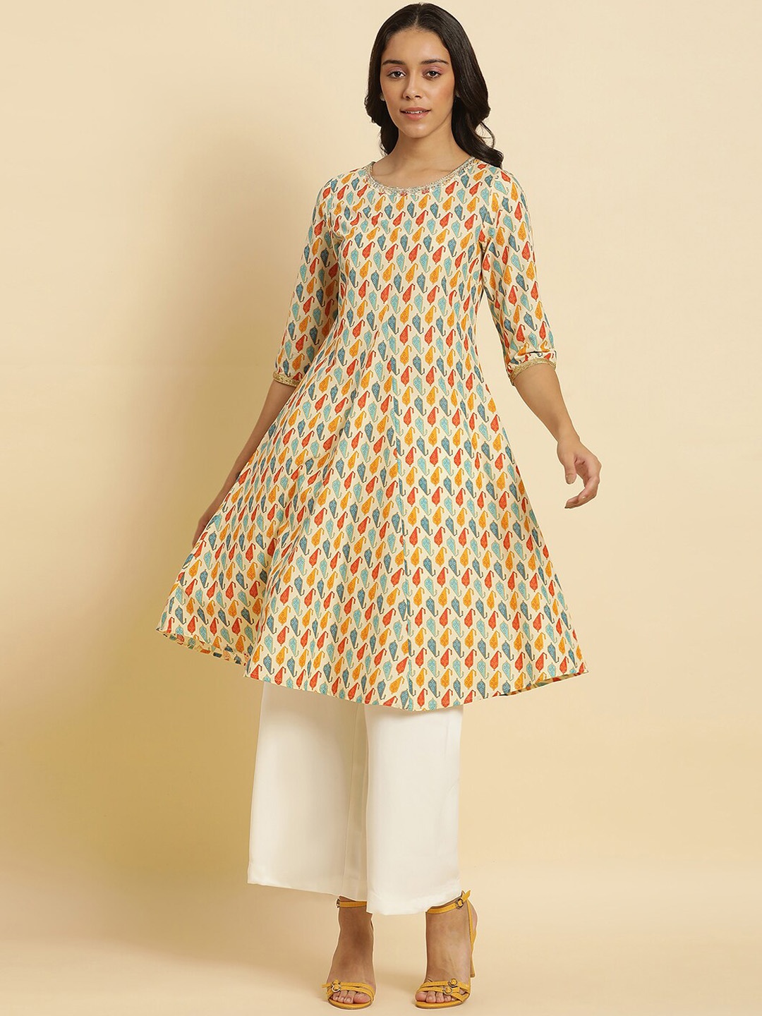 

W Ethnic Motifs Printed Thread Work Pure Cotton A-Line Kurta, Off white