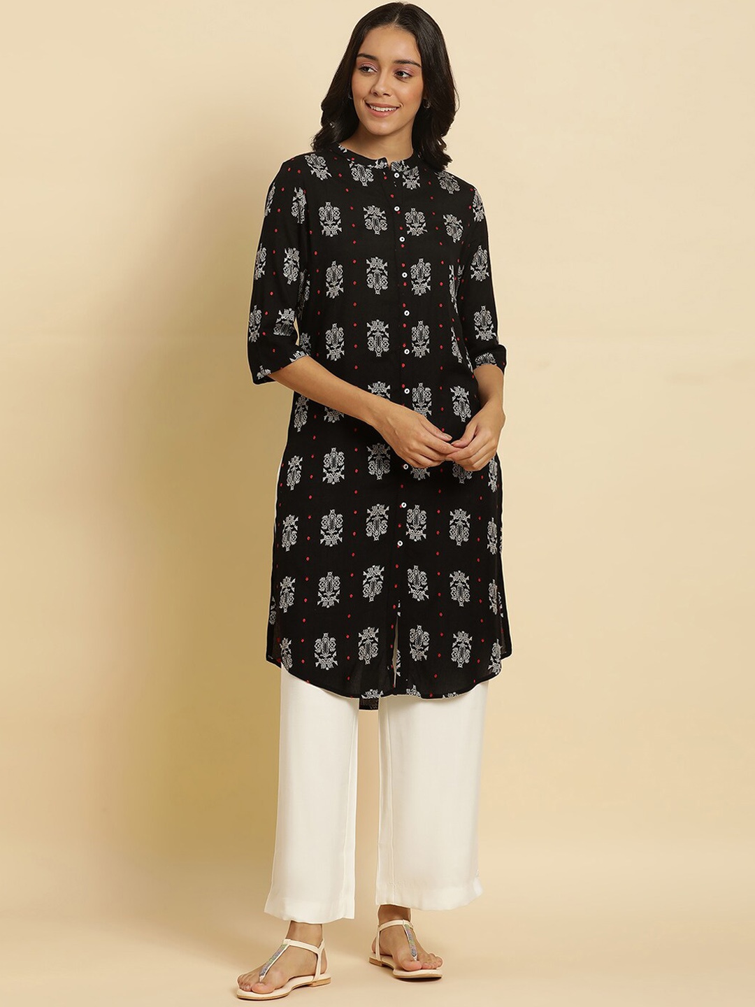 

W Ethnic Motifs Printed Mandarin Collar Kurta, Black