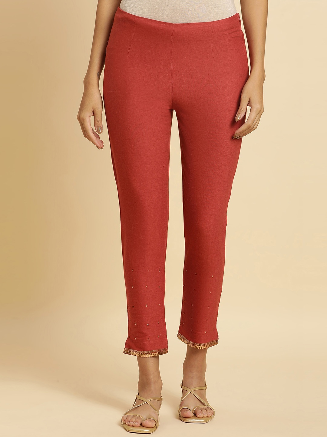 

W Women Slim Fit Mid-Rise Cotton Regular Trousers, Red