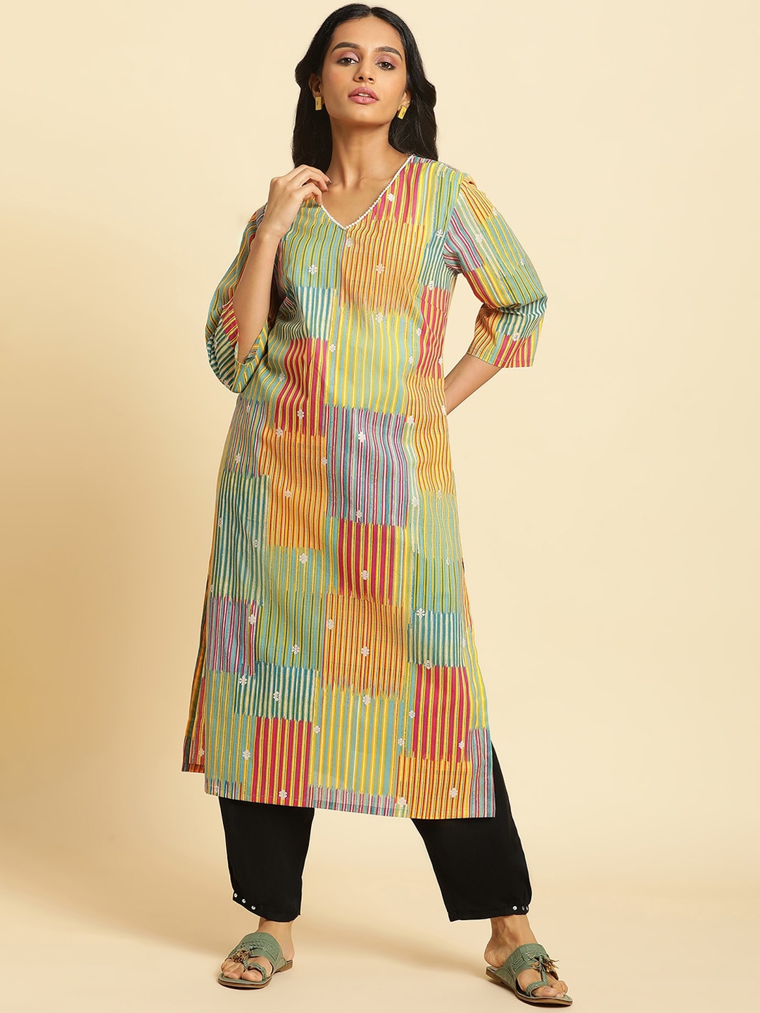 

W Striped V-Neck Pure Cotton Straight Kurta, Green