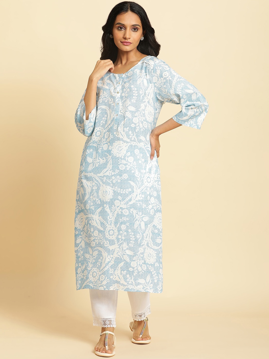 

W Floral Printed Round Neck Pure Cotton Straight Kurta, Blue
