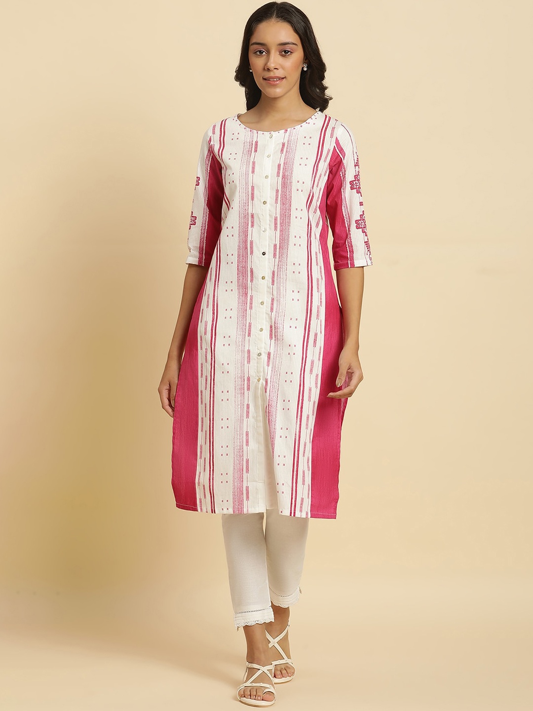 

W Ethnic Motif Printed Pure Cotton Straight Kurta, Pink