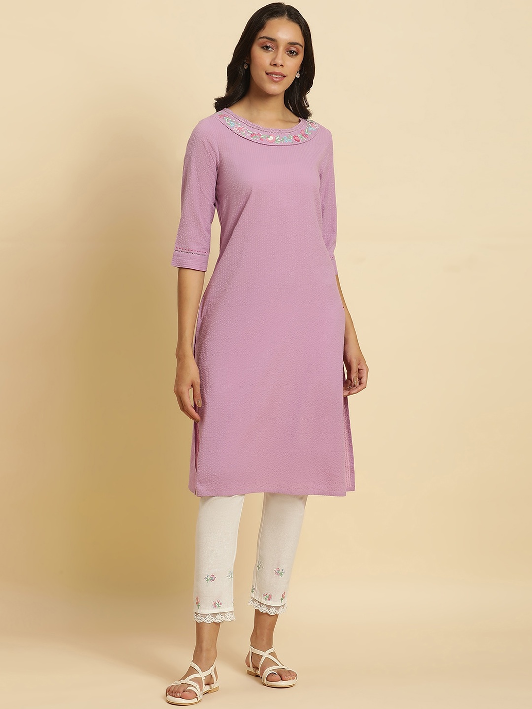 

W Ethnic Motifs Yoke Design Pure Cotton Kurta, Purple