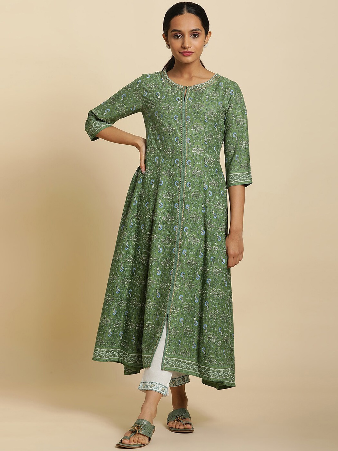 

W Floral Printed Keyhole Neck Gotta Patti A-Line Kurta, Green