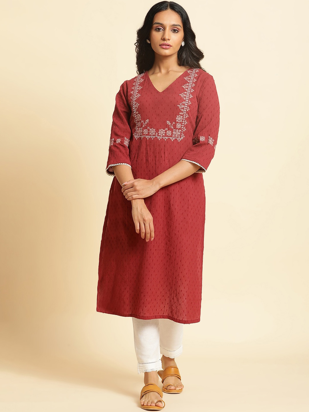 

W Self Design V-Neck Thread Work Pure Cotton Straight Kurta, Maroon