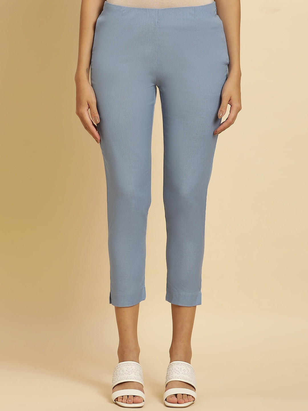 

W Women Slim Fit Mid-Rise Cotton Cigarette Trousers, Blue