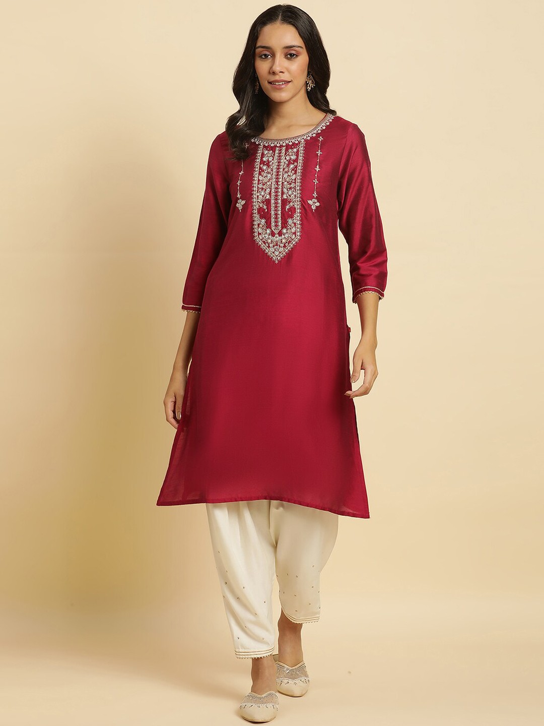 

W Floral Yoke Design Thread Work Straight Kurta, Magenta