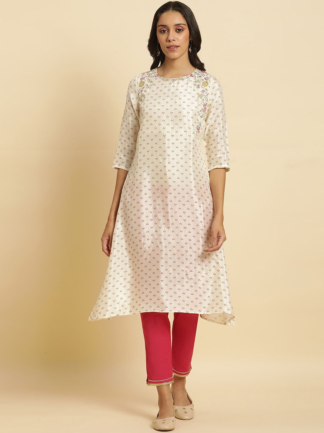 

W Ethnic Motifs Printed Thread Work A-Line Kurta, Off white