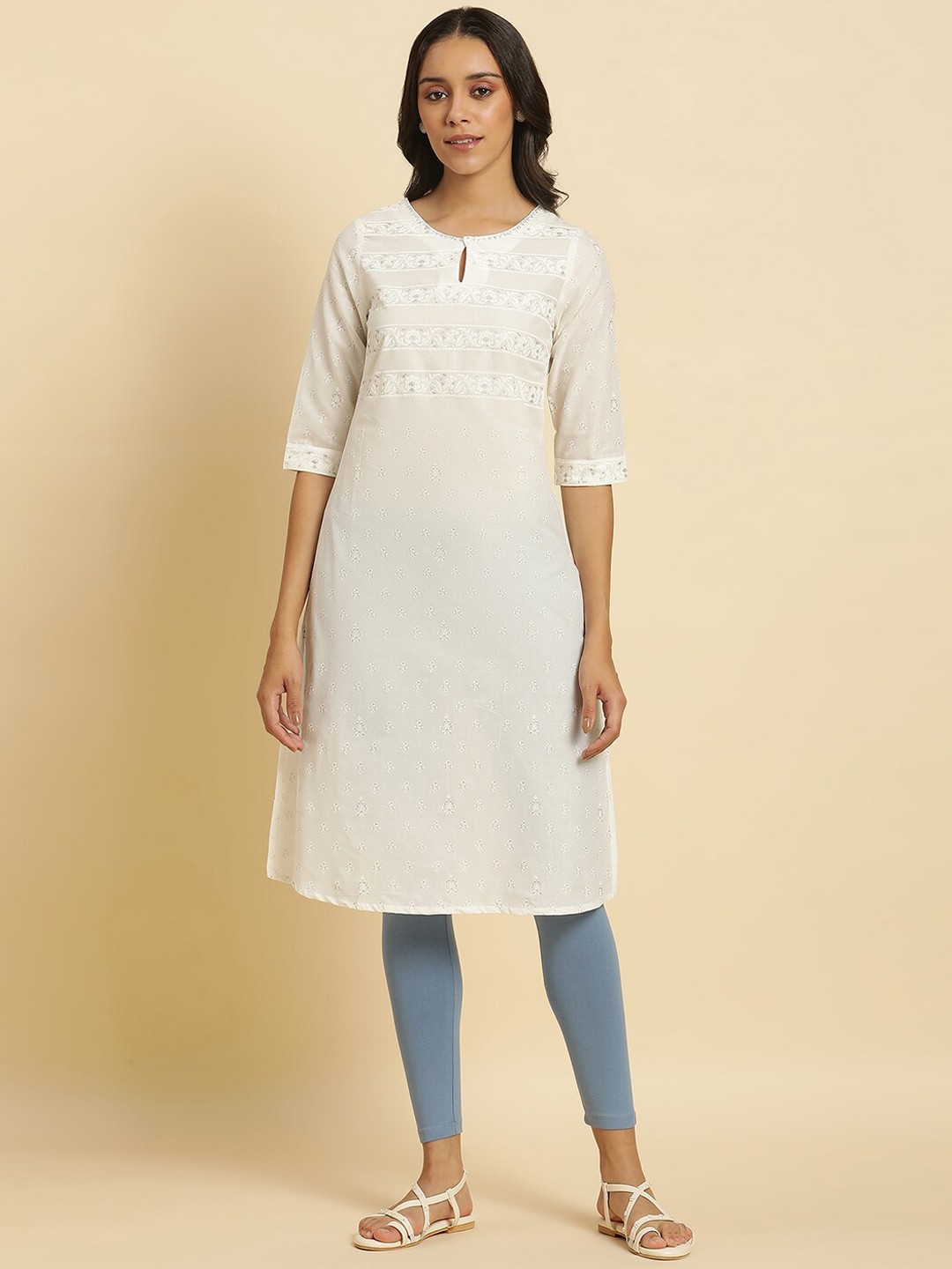 

W Floral Printed Keyhole Neck Sequinned Pure Cotton Straight Kurta, White