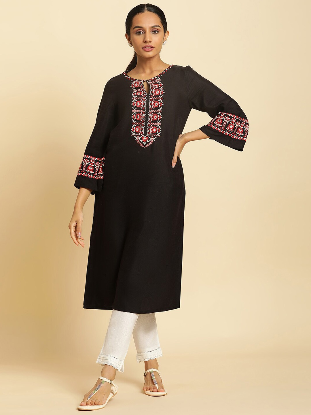 

W Ethnic Motifs Yoke Design Thread Work Straight Kurta, Black