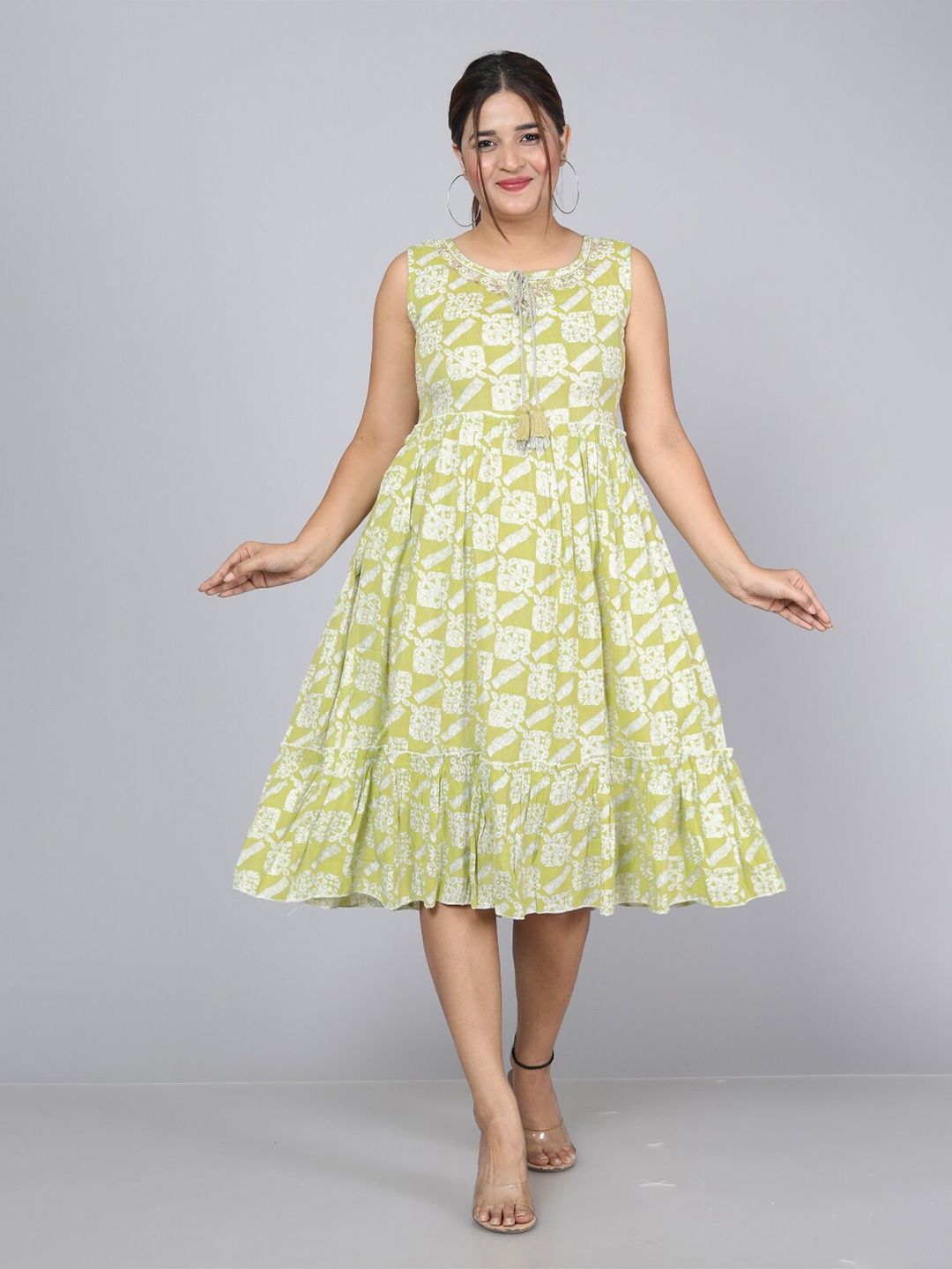 

KALINI Ethnic Motifs Printed Sleeveless A-Line Dress, Green