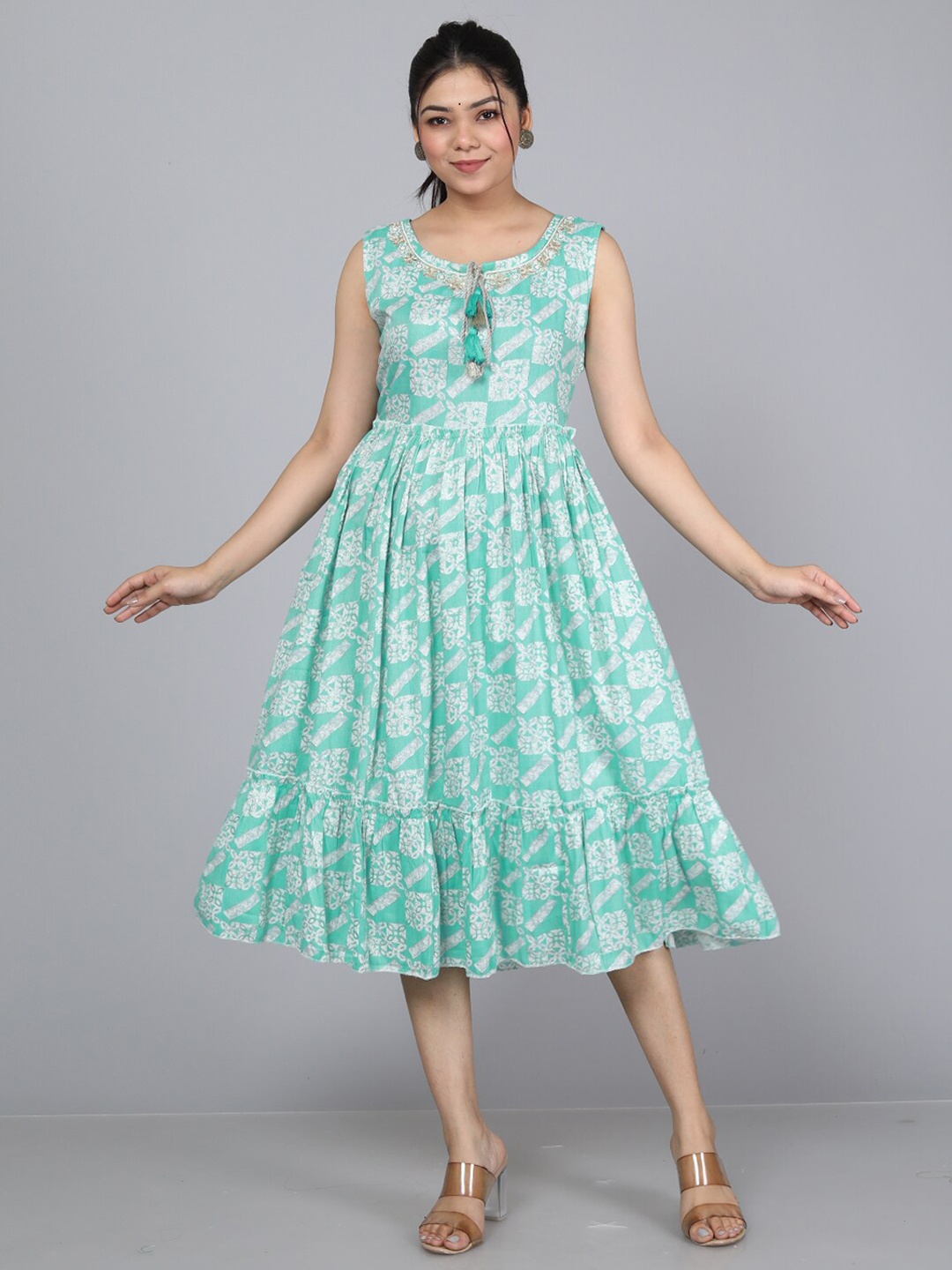 

KALINI Floral Printed Tie-Up Neck Sleeveless Embellished & Tiered A-Line Midi Dress, Green