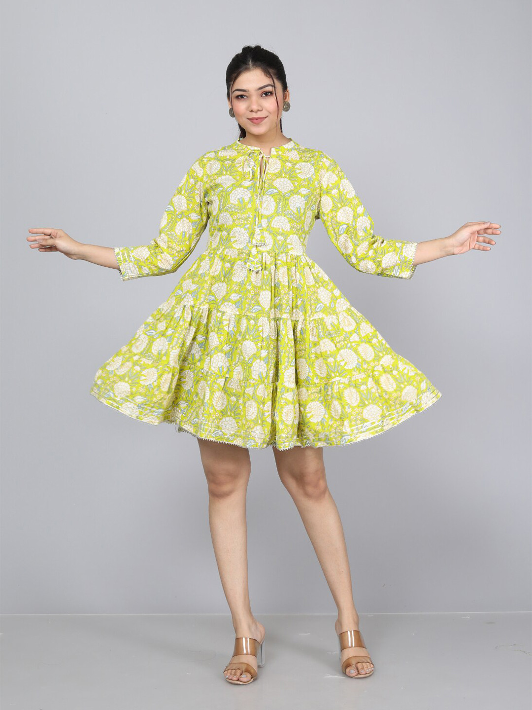 

KALINI Floral Printed Tie-Up Neck Tiered Cotton Fit & Flare Mini Dress, Sea green