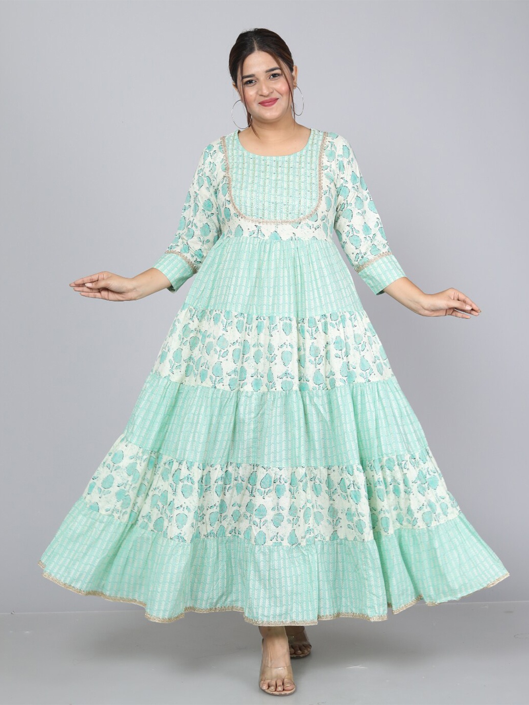 

KALINI Ethnic Motifs Printed Cotton Maxi Dress, Green