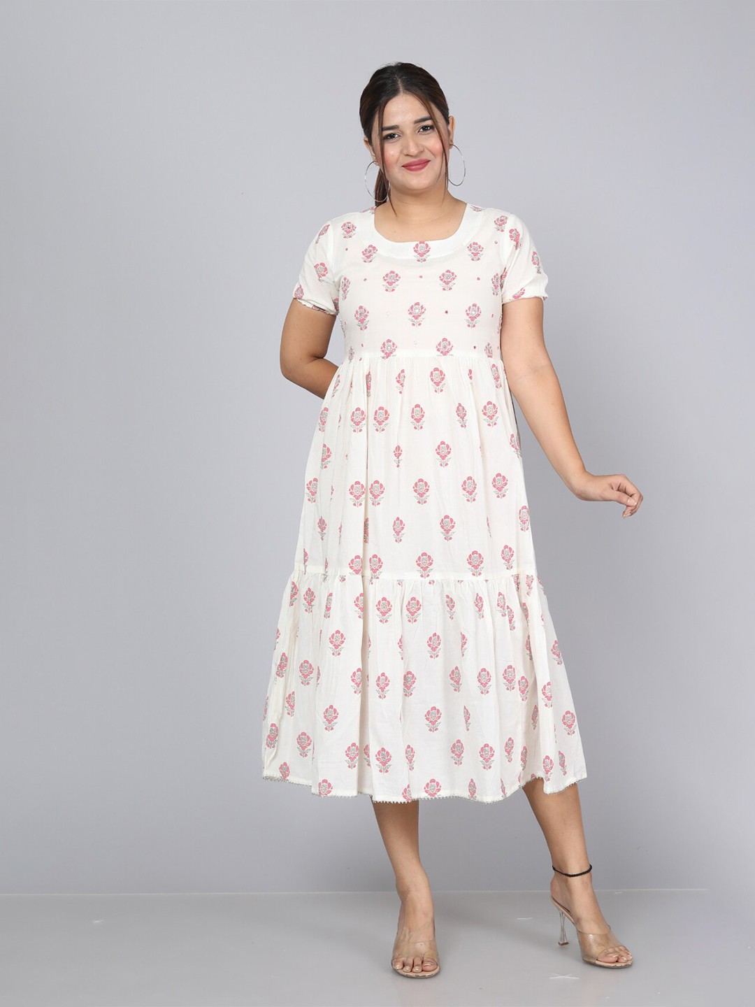 

KALINI Floral Printed A-Line Pure Cotton Midi Dress, White