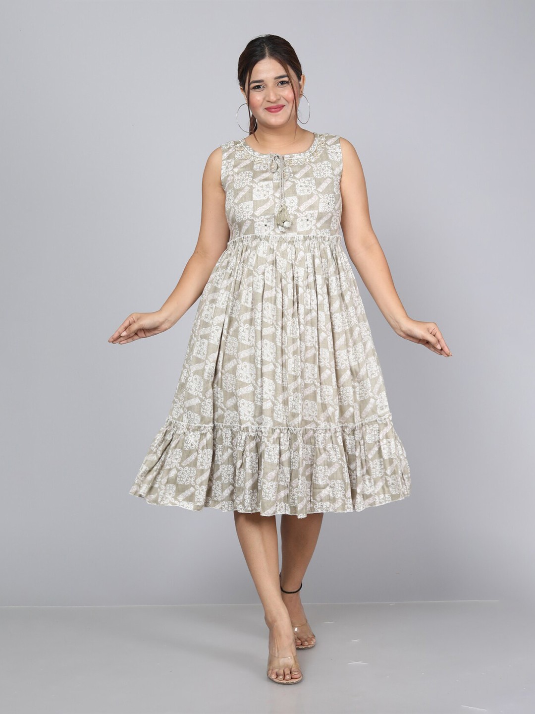 

KALINI Ethnic Motifs Printed Fit & Flare Dress, Grey