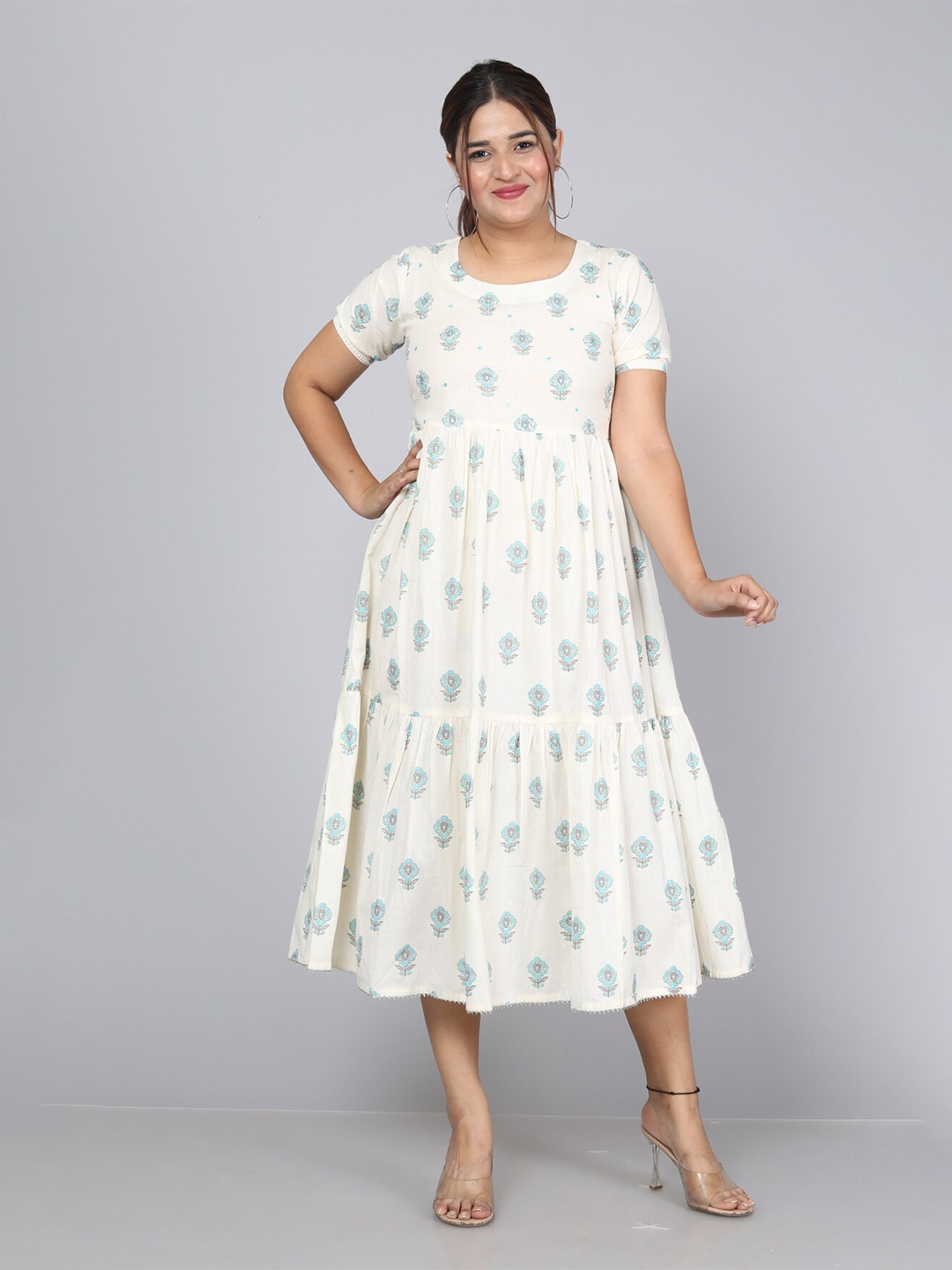 

KALINI Floral Printed Gathered Tiered Pure Cotton Fit & Flare Midi Ethnic Dress, Off white