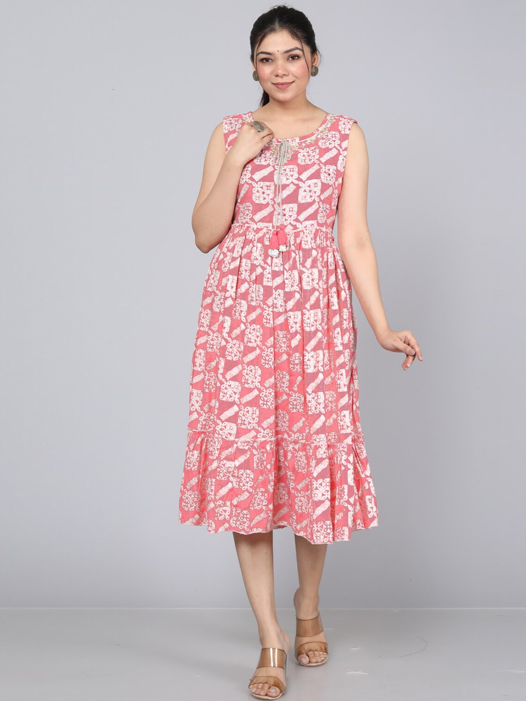 

KALINI Ethnic Motifs Printed Gathered Tiered Fit & Flare Midi Ethnic Dress, Pink