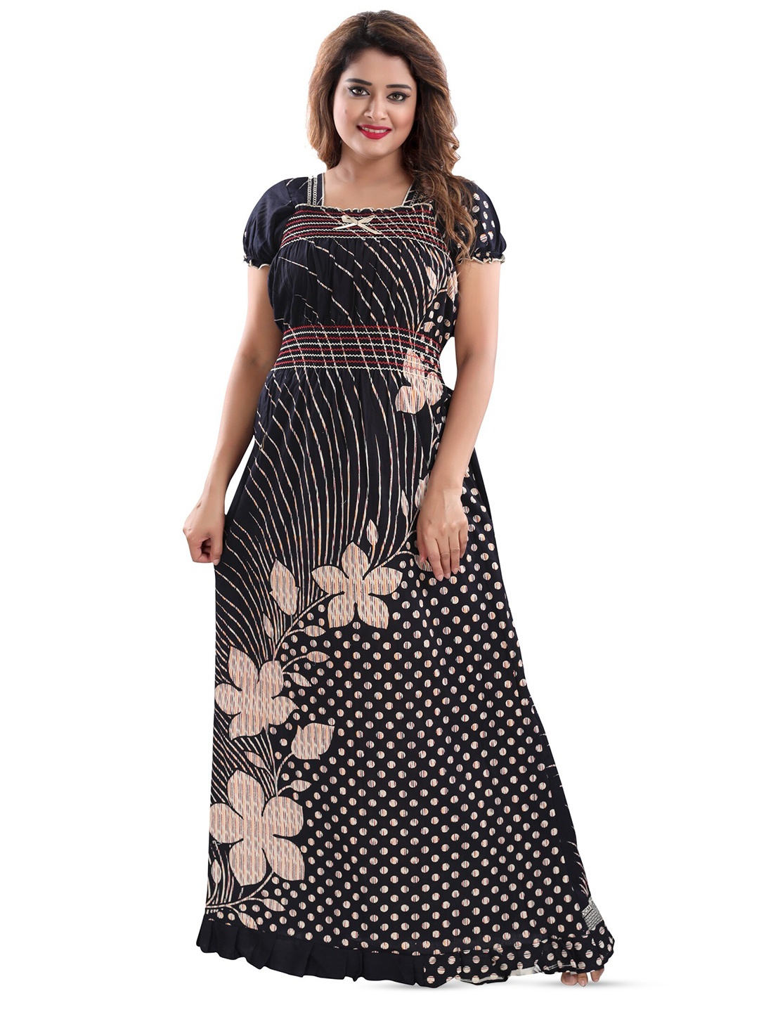 

CINCO Floral Printed Square Neck Puff Sleeves Maxi Nightdress, Black
