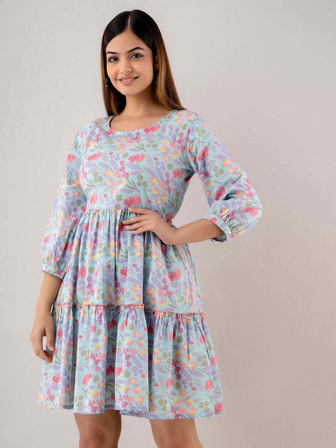 

Country Style Floral Print Puff Sleeve Fit and Flare Dress, Blue