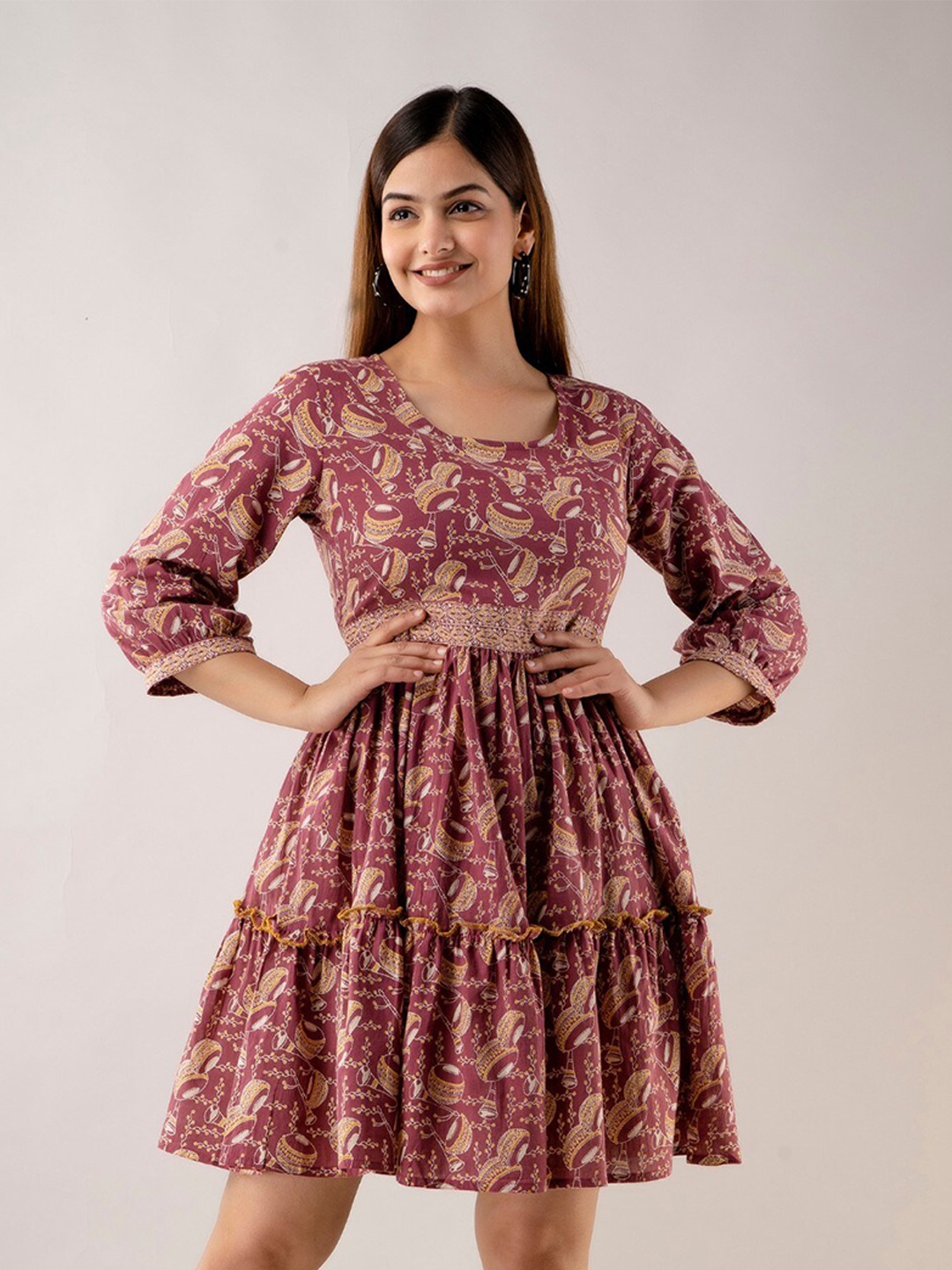 

Country Style Ethnic Motifs Print Fit & Flare Dress, Maroon