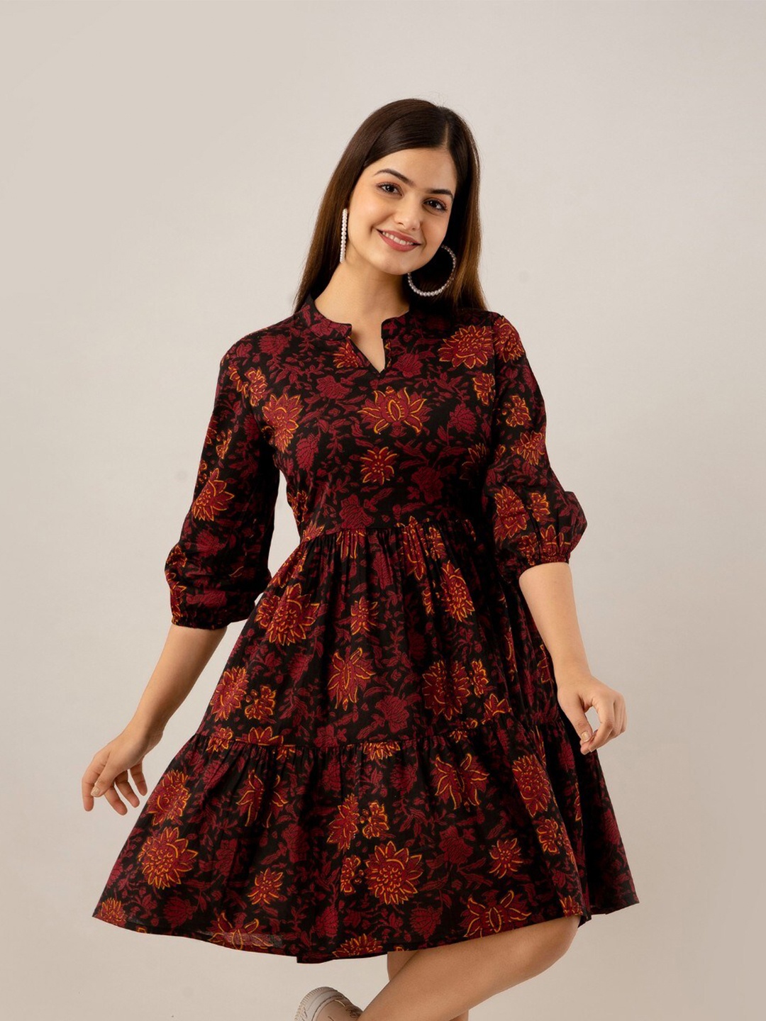 

Country Style Floral Print Mandarin Collar Puff Sleeve Fit & Flare Dress, Maroon