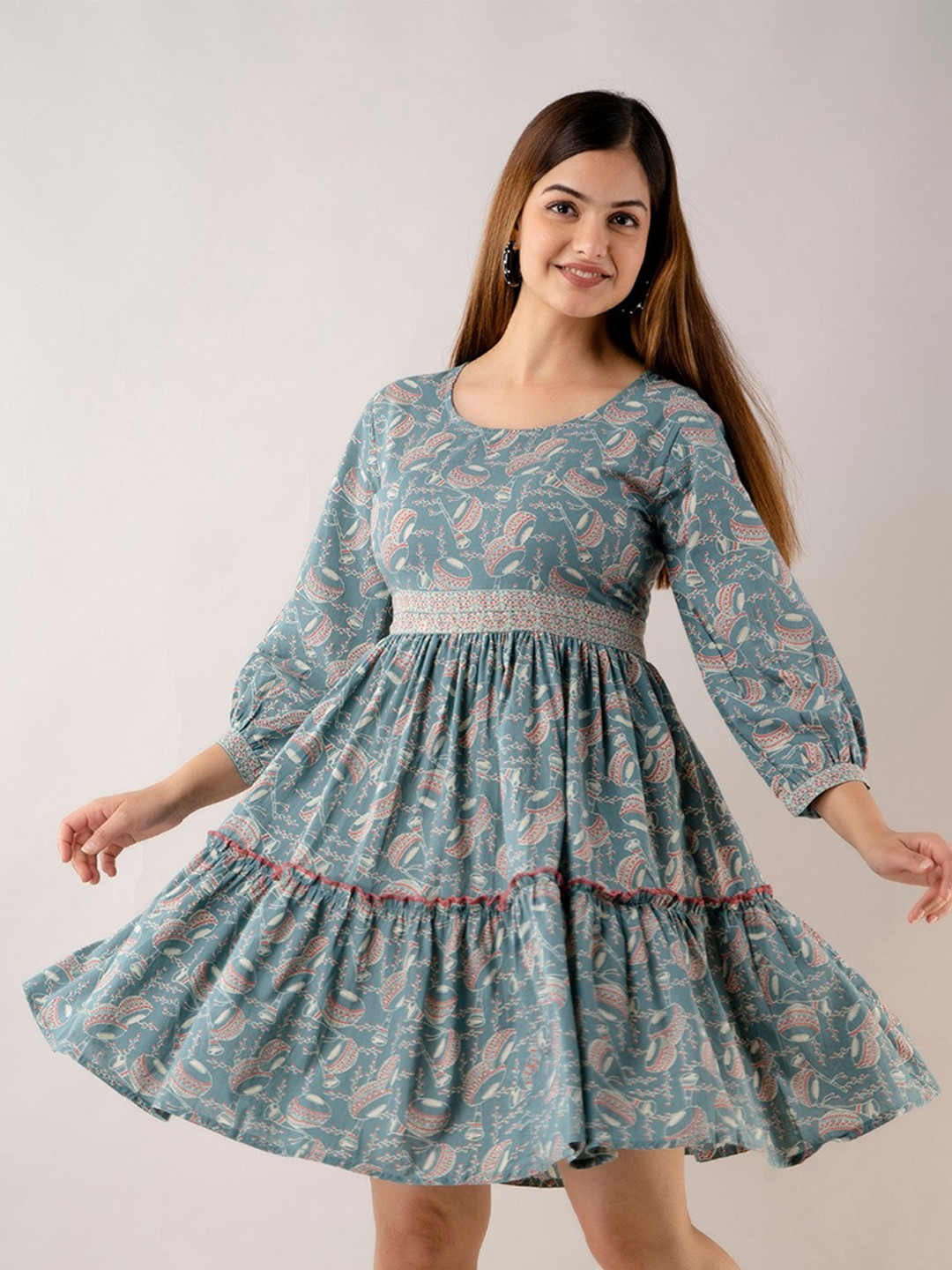 

Country Style Floral Print Puff Sleeve Fit & Flare Dress, Blue