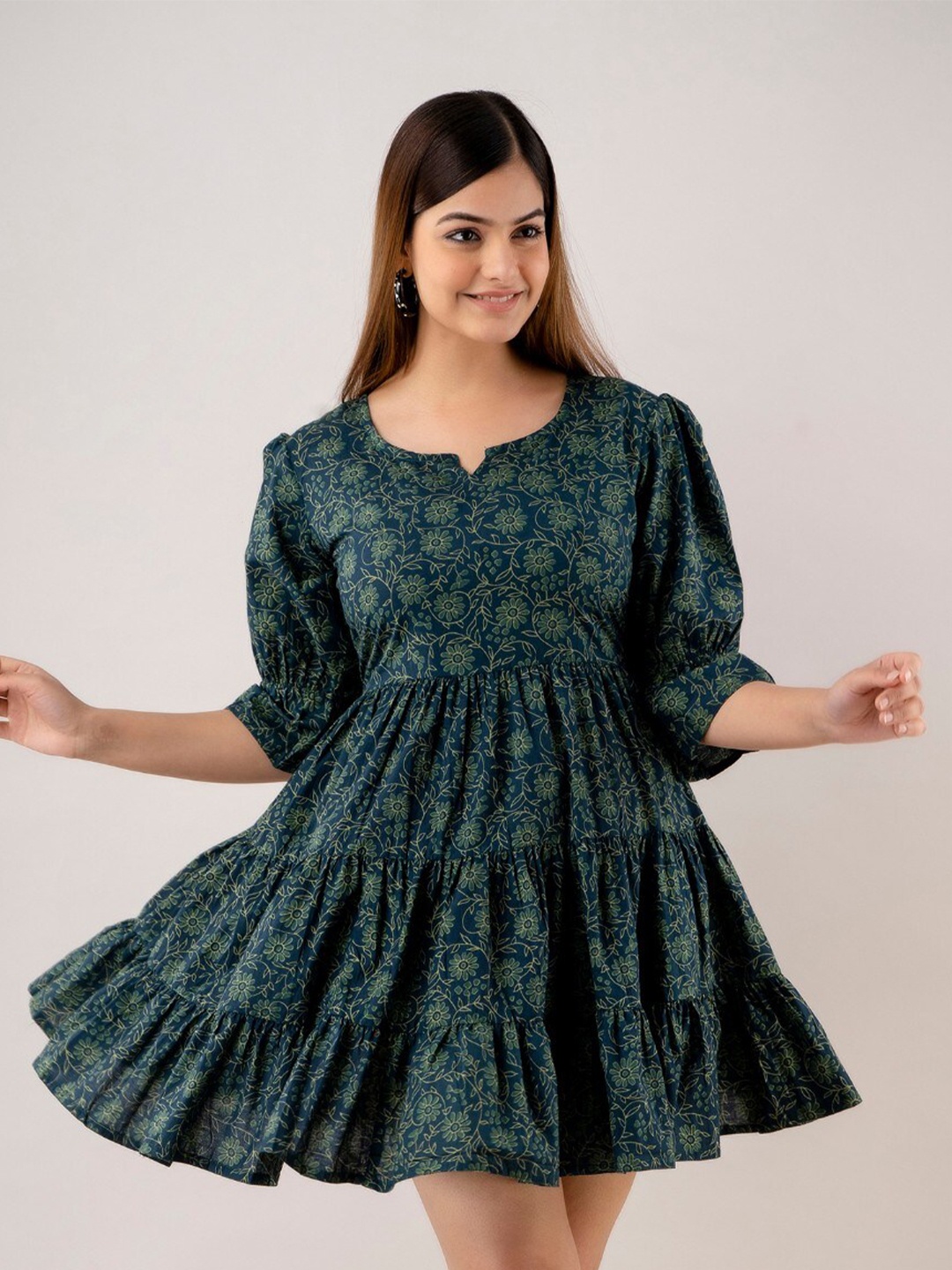 

Country Style Floral Print Fit & Flare Dress, Green