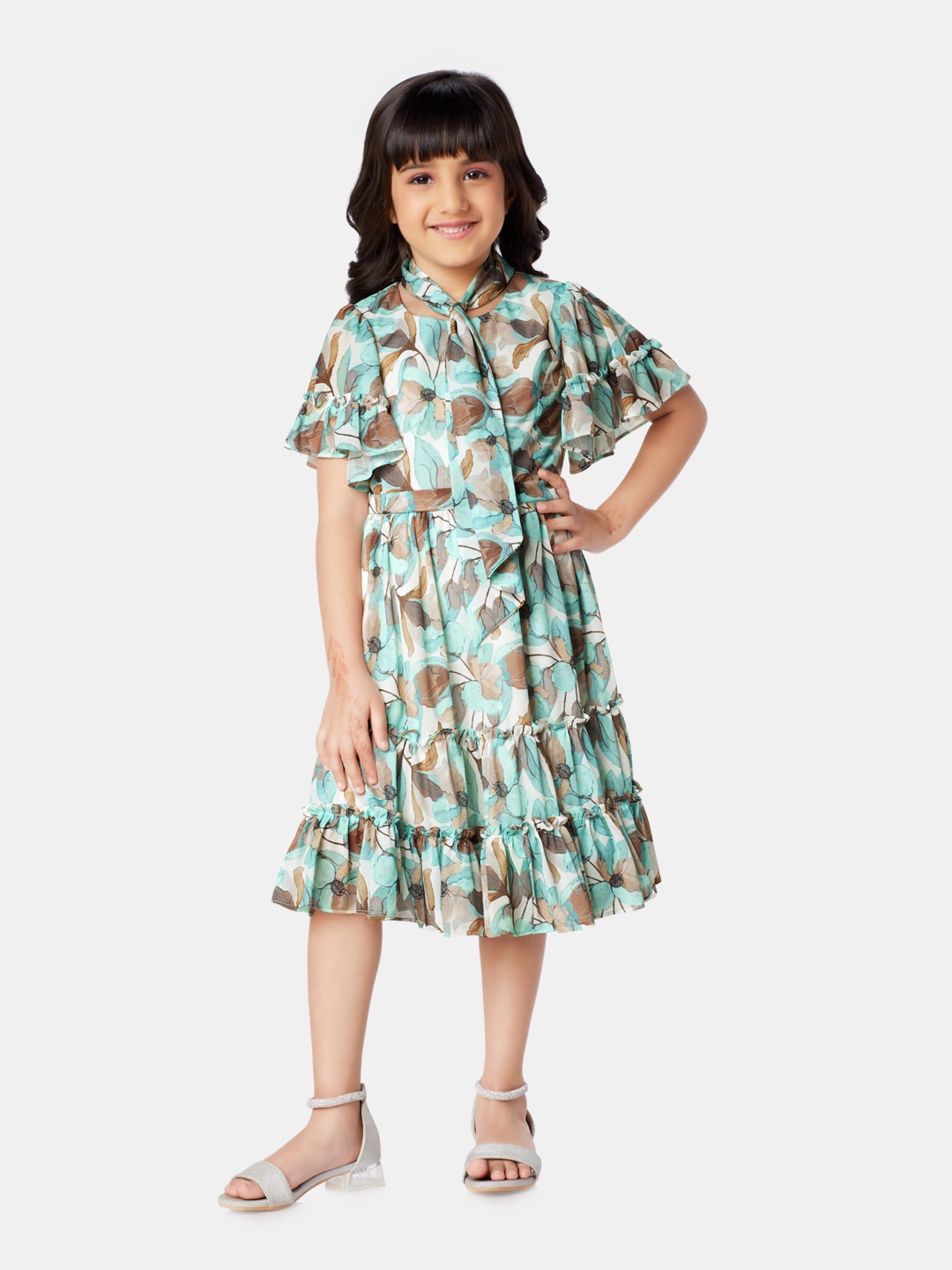 

Peppermint Girls Floral Printed Flared Sleeve Tiered Tie-Ups Fit & Flare Midi Dress, Green