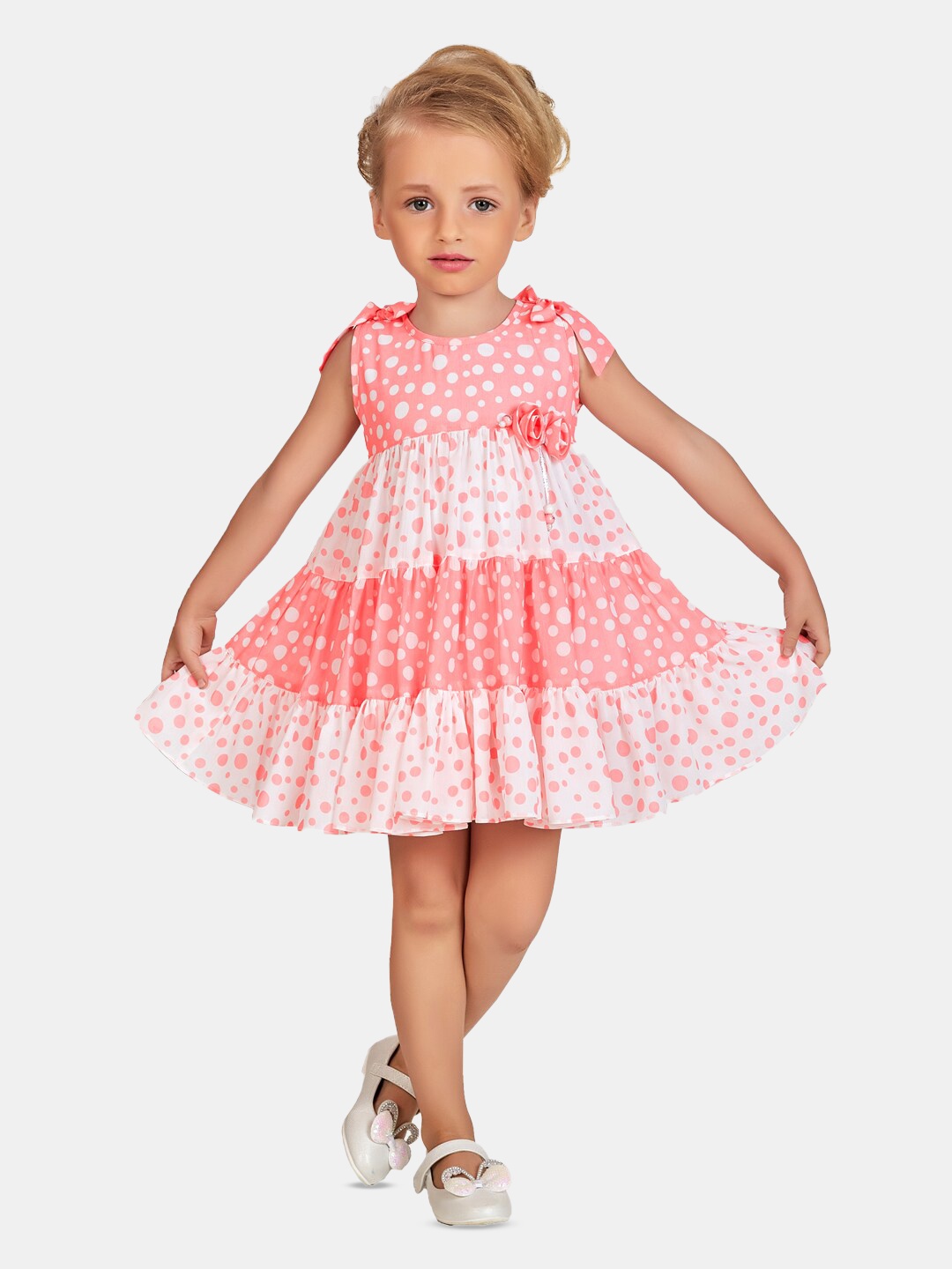 

Peppermint Girls Polka Dots Printed Tiered Cotton Fit & Flare Dress, Peach