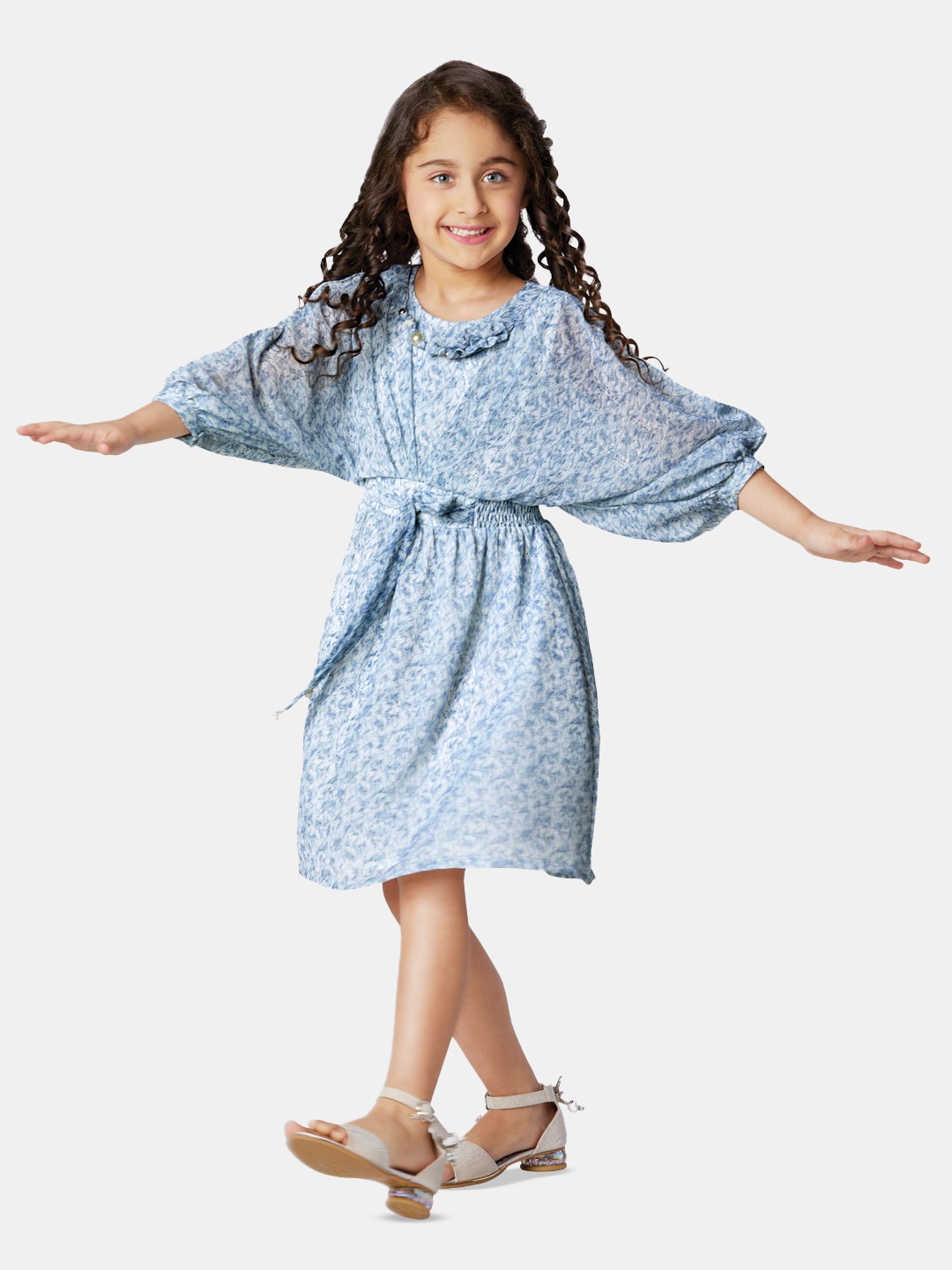 

Peppermint Girls Floral Printed Bishop Sleeves Tie-Up Chiffon A-Line Dress, Blue