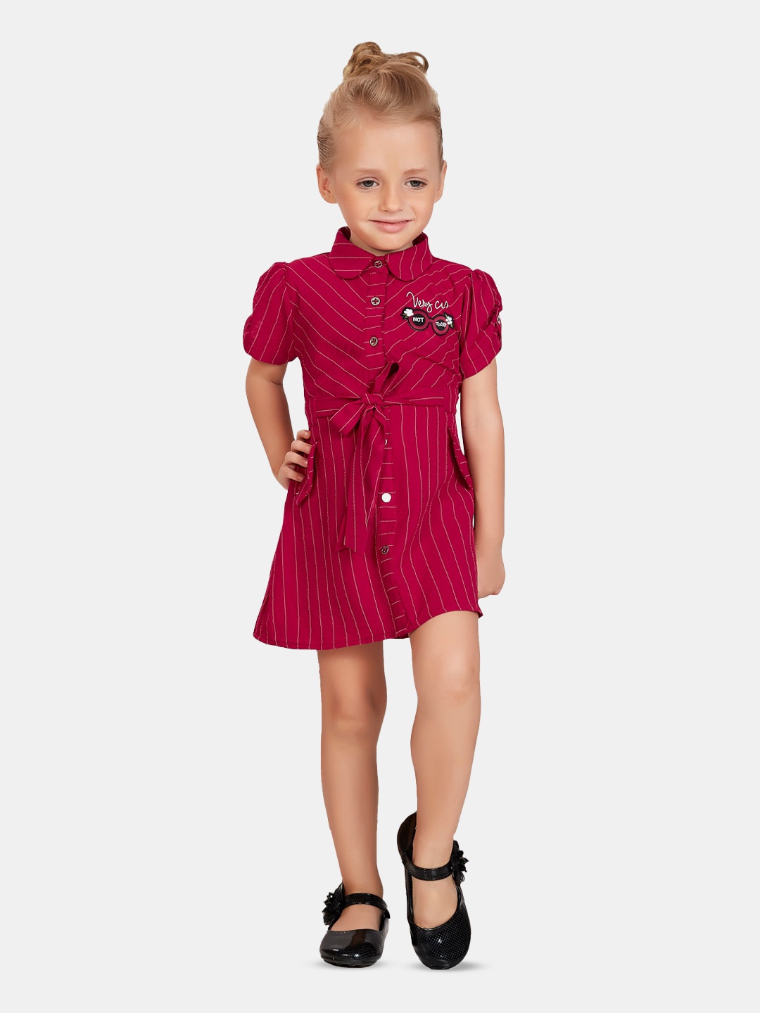 

Peppermint Girls Striped Puff Sleeves Tie Ups Cotton Shirt Style Dress, Maroon