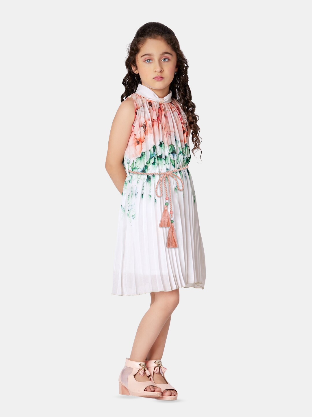 

Peppermint Girls Floral Printed Accordion Pleats A-Line Dress, White