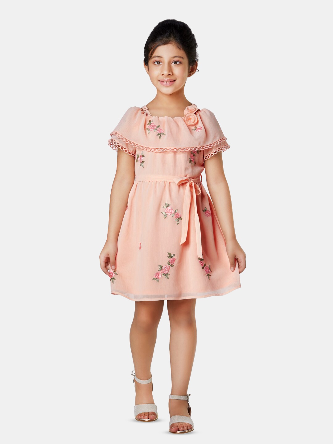 

Peppermint Girls Floral Printed Tie-Ups Fit & Flare Dress, Peach