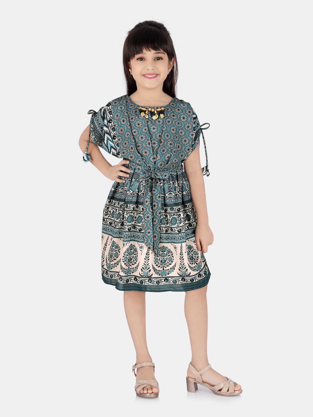 

Peppermint Ethnic Motifs Printed Satin Fit & Flare Dress, Teal