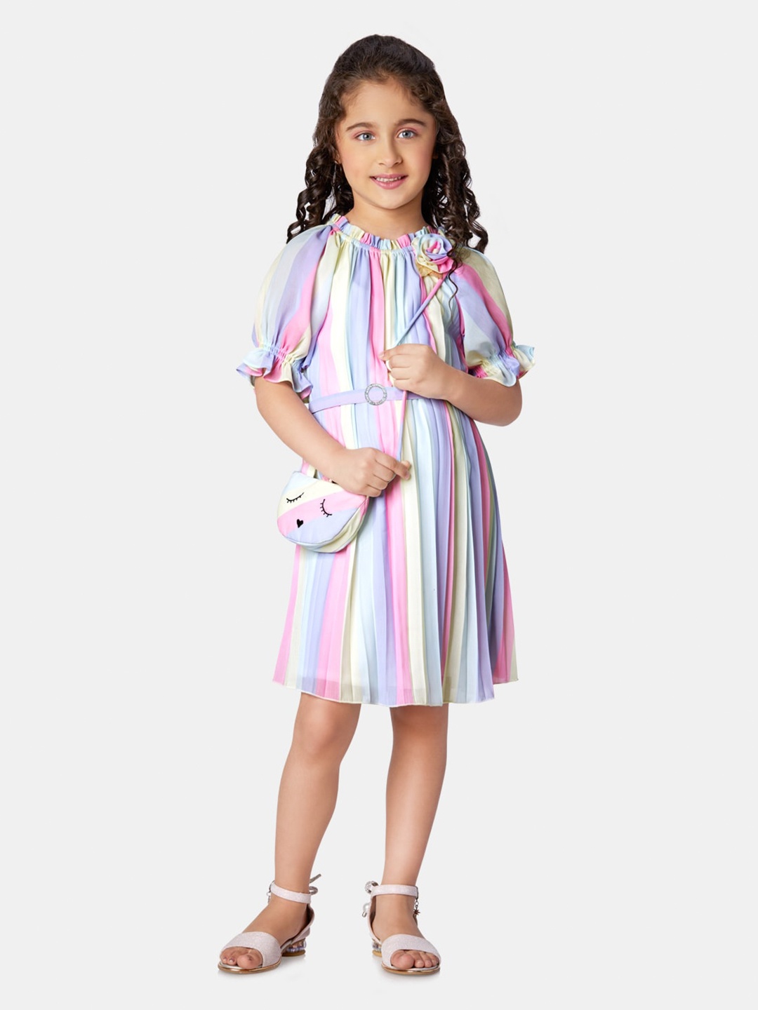 

Peppermint Striped Raglan Puff Sleeve A-Line Above Knee Dress, Pink