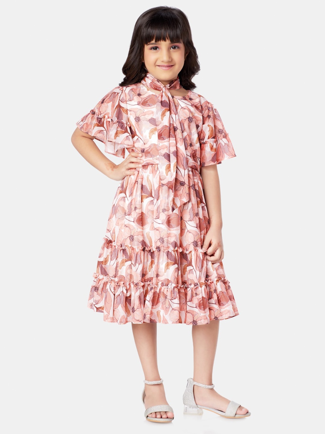 

Peppermint Girls Floral Printed Tie-Up Neck Flared Sleeve Chiffon Fit & Flare Dress, Peach