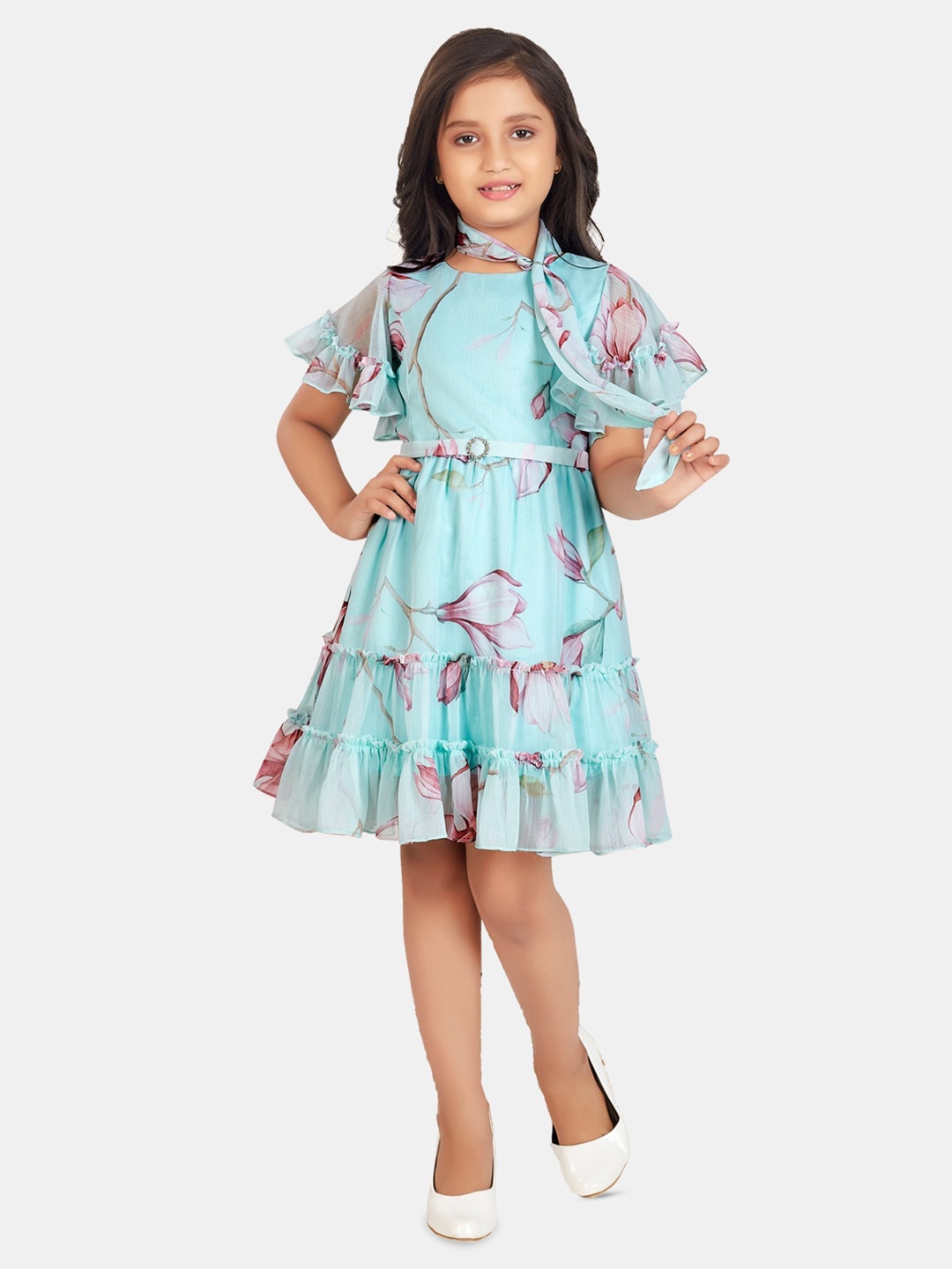 

Peppermint Girls Floral Printed Tiered Flutter Sleeve Fit & Flare Dress, Blue