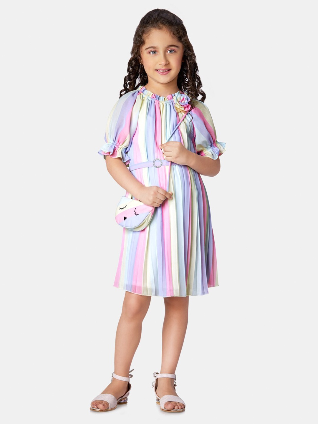 

Peppermint Girls Striped Puff Sleeve A-Line Dress, Pink