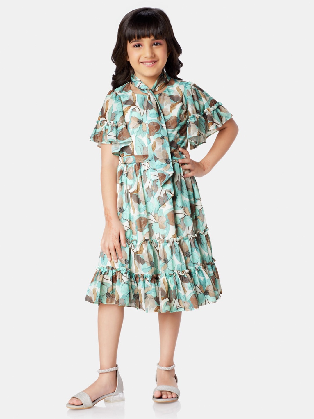 

Peppermint Girls Floral Printed Flared Sleeves Chiffon Fit & Flare Midi Dress, Sea green