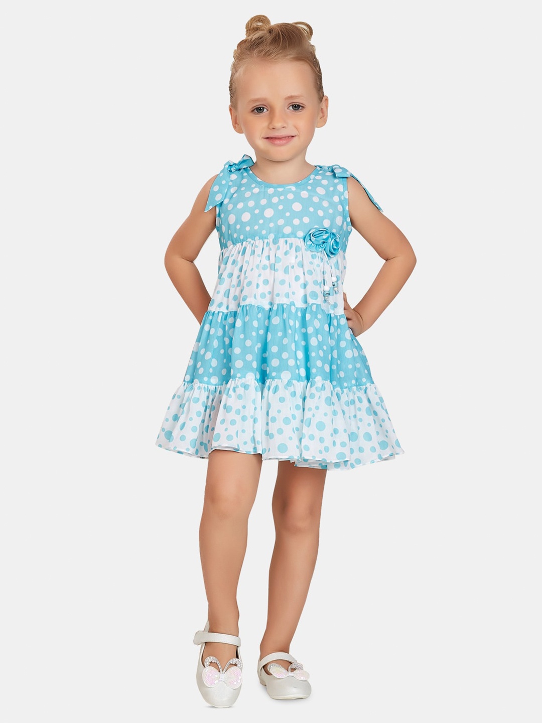 

Peppermint Polka Dot Printed Round Neck Sleeveless Gathered Fit & Flare Dress, Blue