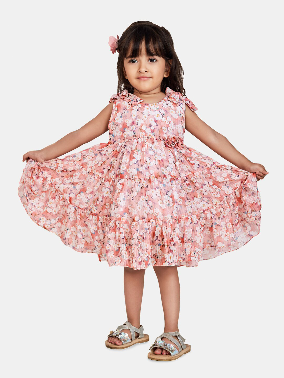 

Peppermint Girls Floral Printed Applique Tiered Fit & Flare Dress, Peach