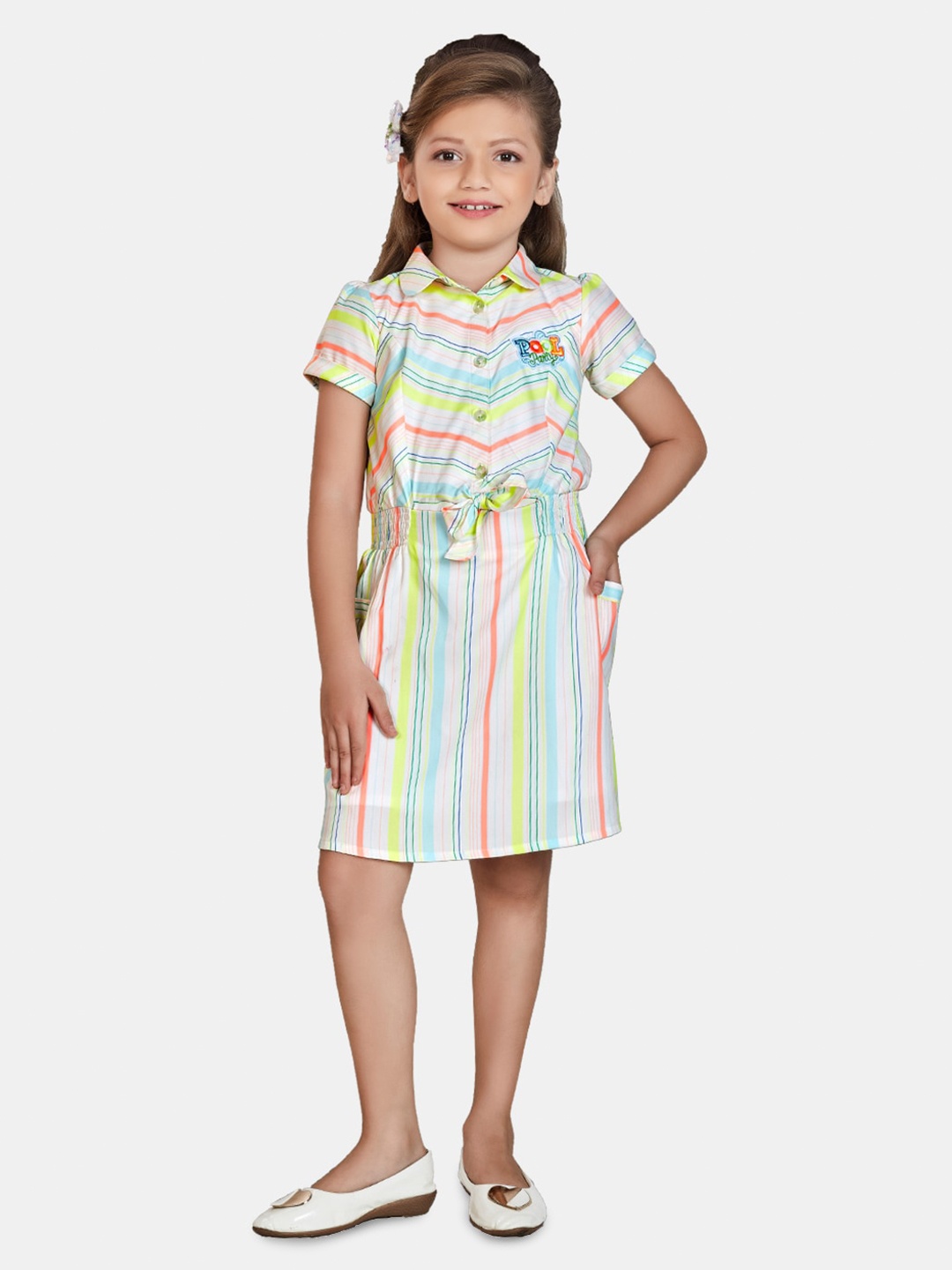 

Peppermint Striped Spread Collar Puff Sleeves Belted Casual Shirt Dress, White