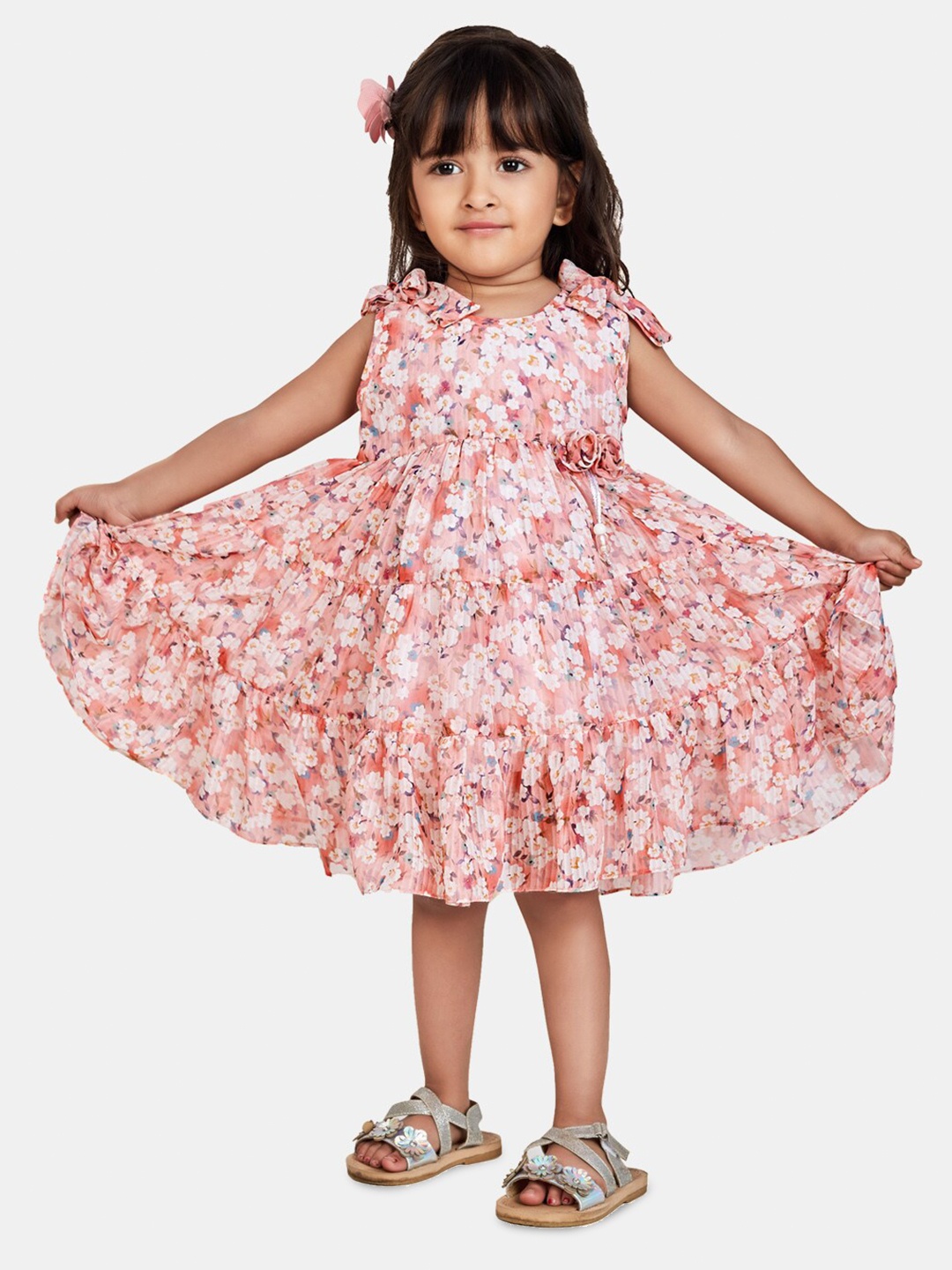 

Peppermint Girls Floral Printed Tie-Ups Round Neck Tiered A-Line Dress, Peach