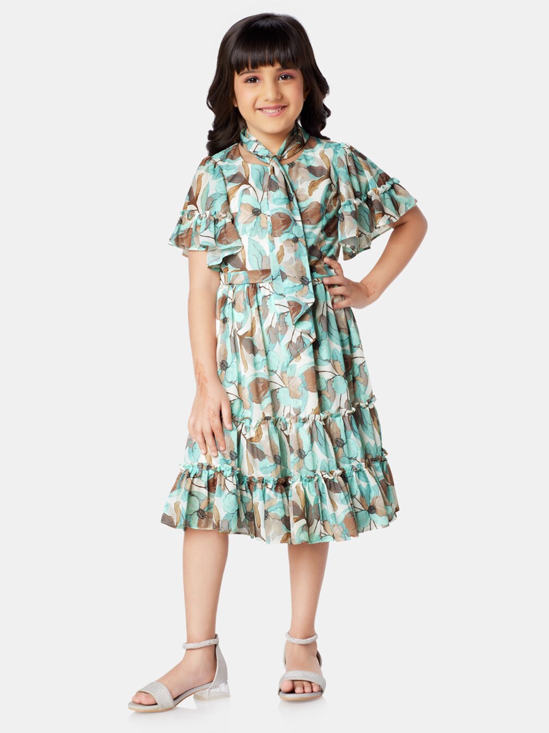 

Peppermint Girls Floral Printed Flared Sleeves Chiffon Fit & Flare Midi Dress, Sea green