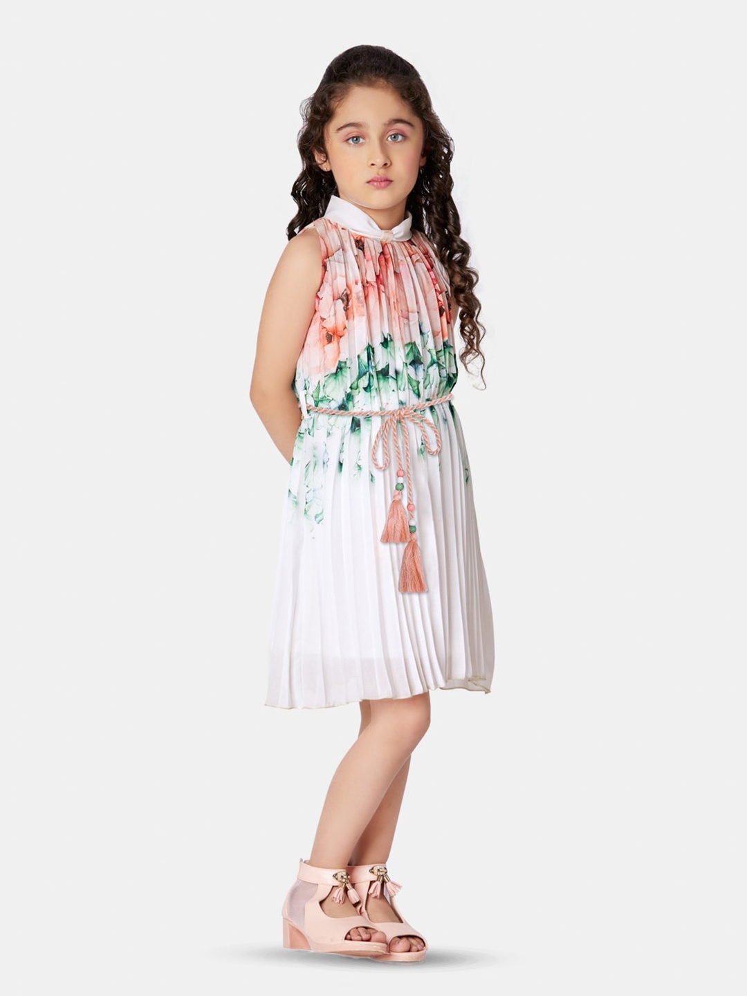 

Peppermint Floral Printed High Neck Sleeveless Pleated Casual Fit & Flare Dress, Peach