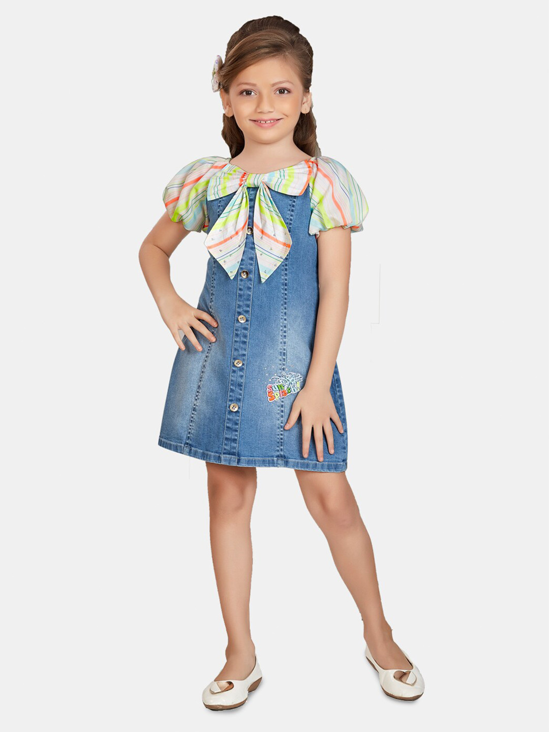 

Peppermint Girls Striped Pure Cotton A-Line Dress With Bow Detail, Blue